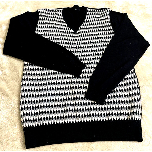 Selected Women’s Houndstooth V-Neck Black & Tan 50 % Wool Sweater Size XX L - Picture 1 of 9